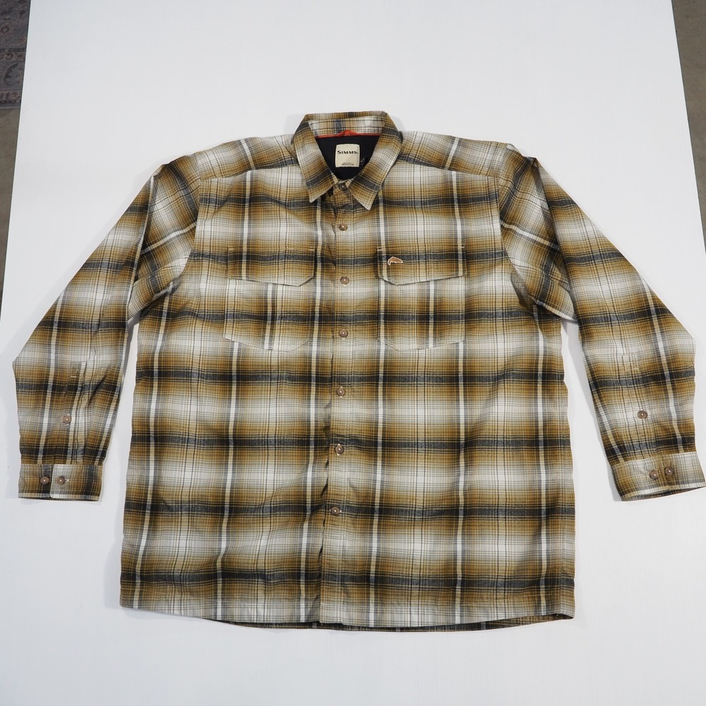 Simms Mens XXL Brown Plaid Waffle Lined Long Sleeve Button Down Fishing Shirt